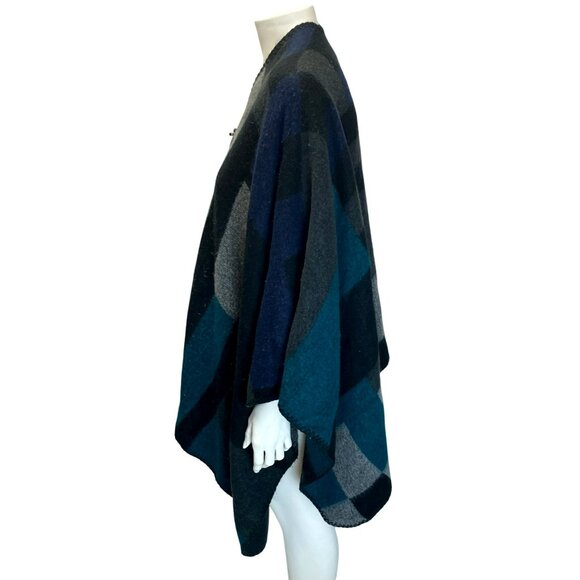 Calvin Klein Ruana Geometric Poncho Vintage Black Blue Gray One Size - Picture 4 of 7